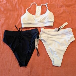 White Racerback Bikini Top with White and Black High-Waist Bottoms